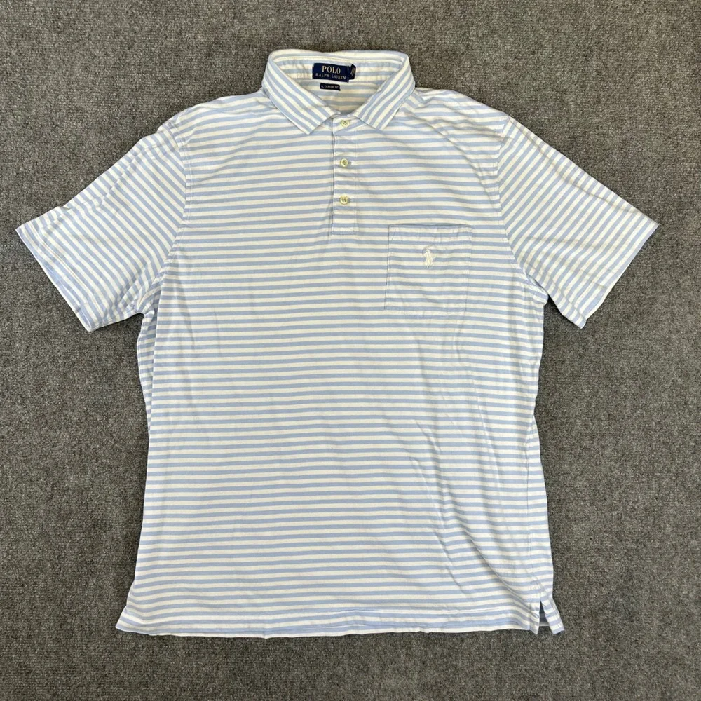 Polo Ralph Lauren Classic Fit Striped Pocket Polo Shirt Light Blue White Large